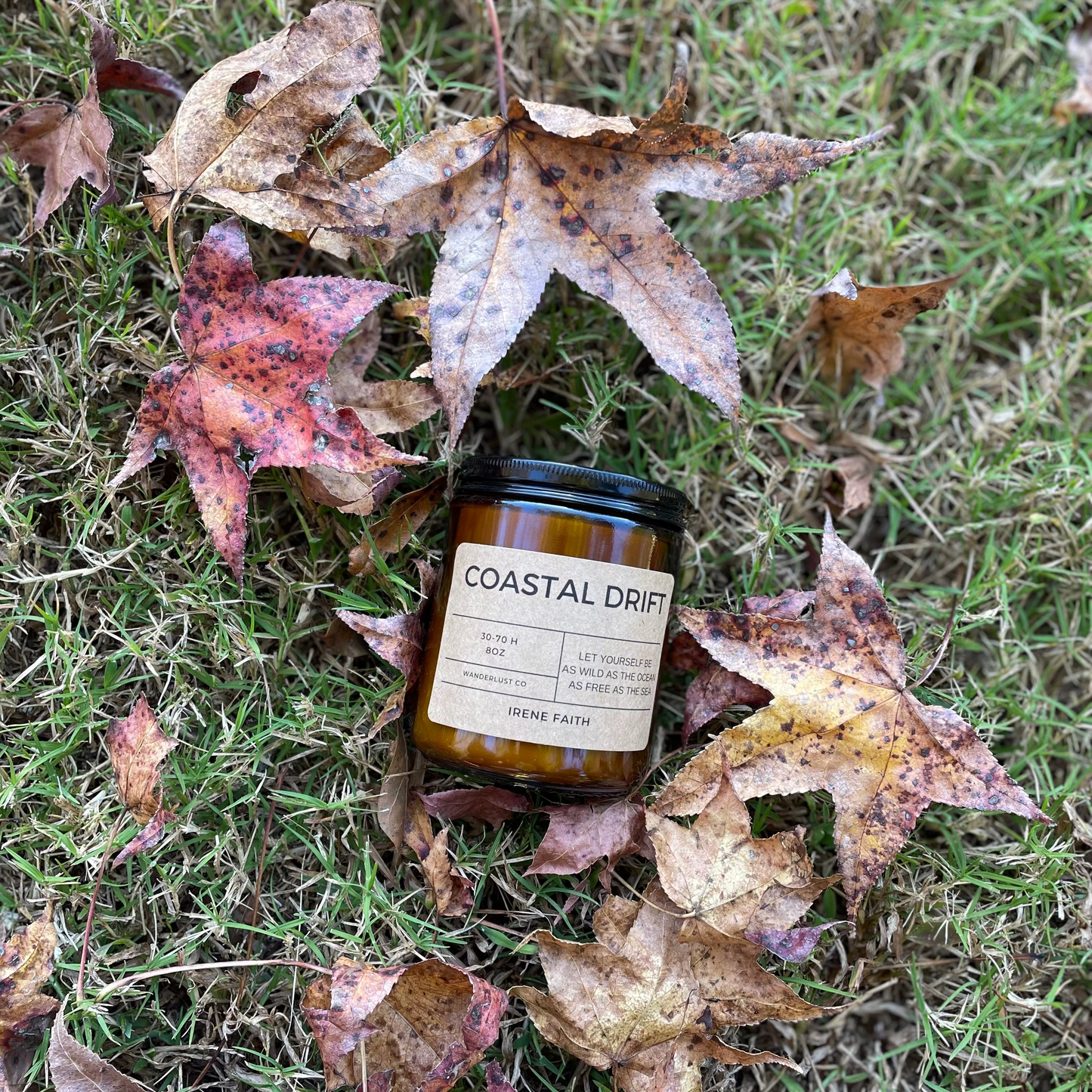 Candle labeled 'Coastal Drift' on grass with fallen leaves