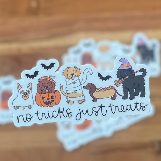 No Tricks Just Treats Dog Sticker - Irene Faith Store products/david-goliath products/the-garden /products/monthly-glow-candle-subscription lean-burning coconut wax candle giftforher woodenwick cottonw